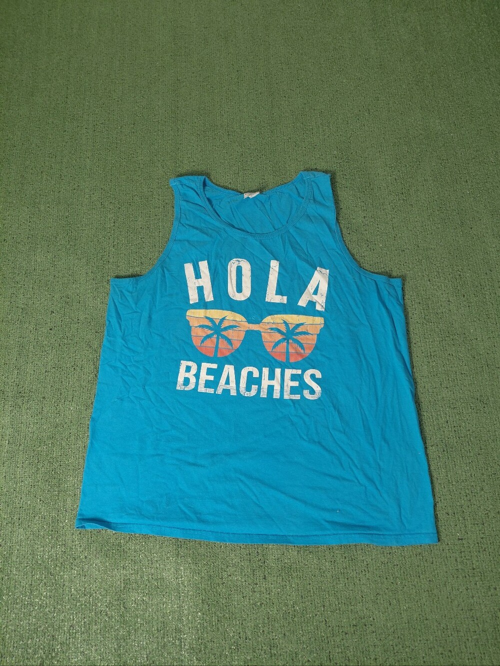 "Hola Beaches" Sunglasses Palm Trees Funny Blue Tank Top Sz XL